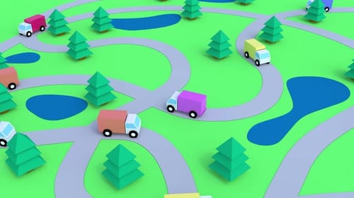 3d Cartoon Trucks Drive on Curve Road Endless