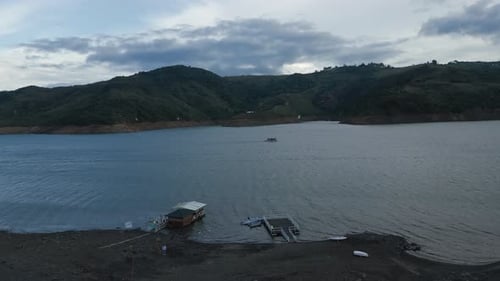 Aerial Lake Calima at Sunset Close to Ground. Kiteboarding. Valle del Cauca. Colombia