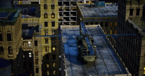 Hubschrauber steht in der Dämmerung auf einem urbanen Wolkenkratzer im pulsierenden Stadtbild