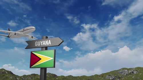 Guyana Flag With Airplane And Arrow Sign