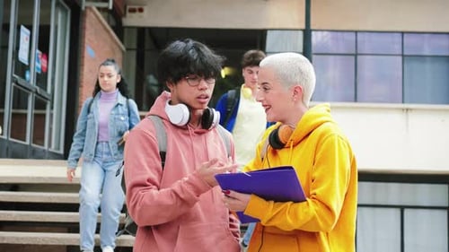 Two Young Classmates Talking About the Lesson and the Homeworks at the University Campus