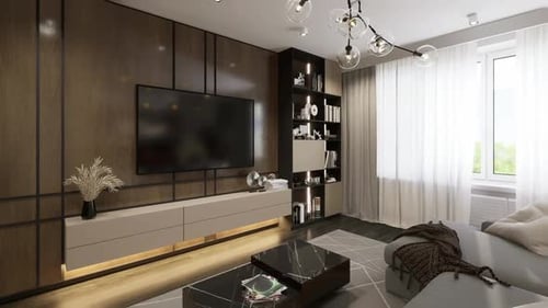 3D-rendering. The camera flies over a modern studio apartment.