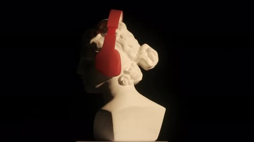 Closeup Shot Ancient Marble Bust Statue of Roman Era Woman in Red Headphones Spinning Round on a