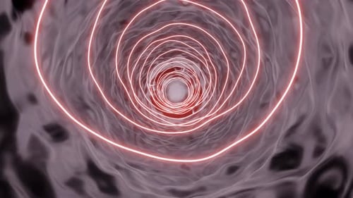 Glowing hoops standing in a row create a corridor and bright volumetric illumination