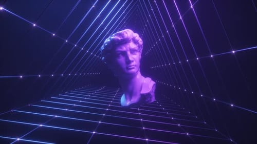Schwebende David-Skulptur mit Grid Synth Wave-Hintergrundschleife