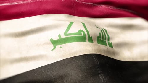 Realistic Waving Flag Of Iraq With Worn Texture And Arabic Inscription