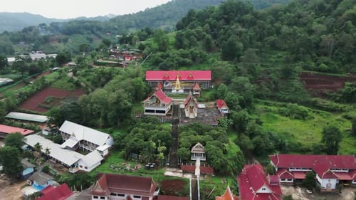 Asian Temple Seen From the Sky in a Mountain Village in Chiang Mai