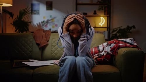 African Young Woman Student Journalist Holding Head Massaging Temples Feels Headache Demotivated