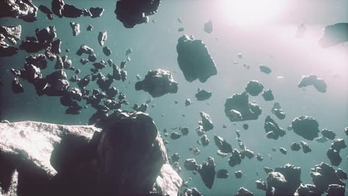 Cinematic Flight Through Dark Deep Space Asteroid Field with Stars