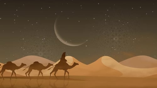 Camel Walking In Deseert Night Background 4 K Loop