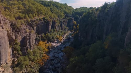 Survol du lit peu profond de la rivière entre des rochers verts