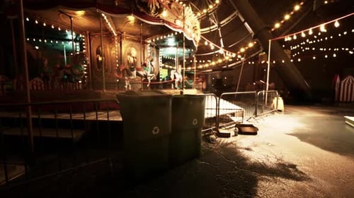 Empty Amusement Park at Night with Closed Rides and Dim Lighting