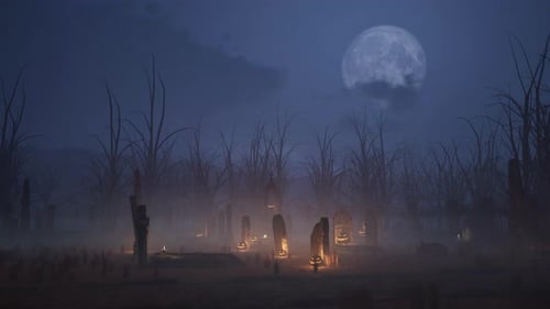 Halloween Horror Night: Wandering Among the Cemetery Graveyard Under Full Moon