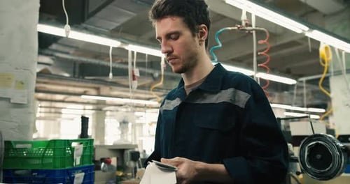 Plan rapproché : un homme vêtu d'un uniforme bleu spécialisé fabrique des pièces de tissu spéciales dans une usine