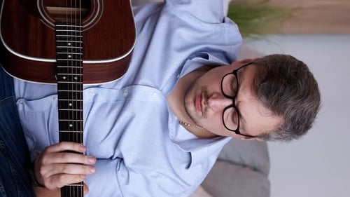 Vertical Guitar Hobby Man Playing Melody Home