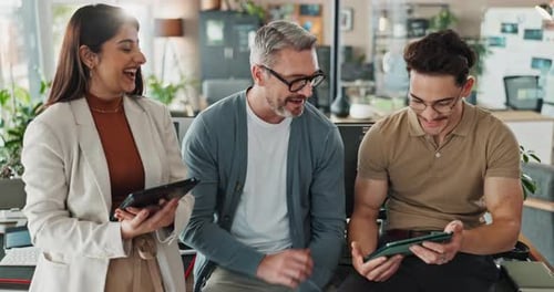 People, employees and high five with tablet for coding, programing and system update as software