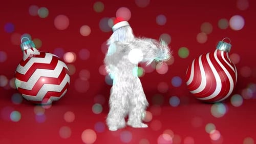 Christmas Yeti Dancing with Festive Ornaments and Bokeh Lights
