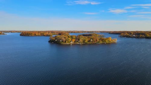 Island at Lake Minnetonka, Minnesota during autumn peak on color, aerial view