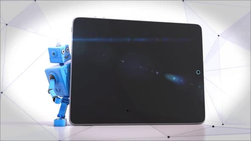 Animated Blue Robot Peeks Behind a Modern Tablet