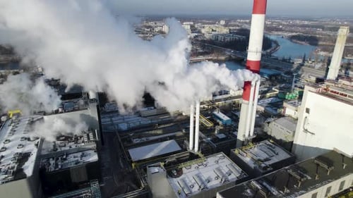 Coal-Fired thermal power plant in Warsaw in Poland. Aerial panning shot