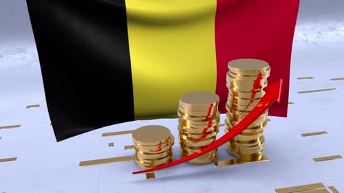 Belgium Flag With Gold Coins Tower And Up Arrow