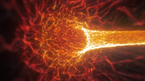 Abstract orange tunnel swirling from lines and particles of triangles glowing futuristic hi-tech