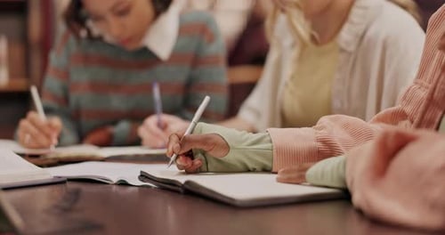 University, hands and people with studying in library for test, learning and support in knowledge