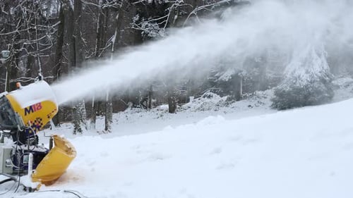 Snow cannons cover the downhill ski slopes of Zagreb's Medvednica mountain