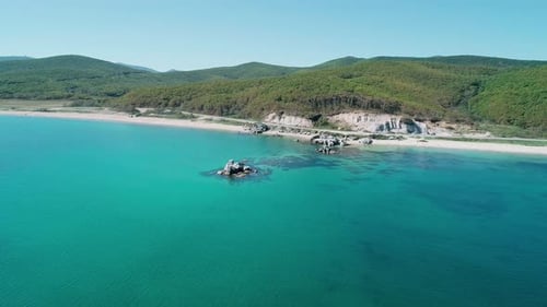 Aerial View of a Beach Turquoise Water and Huge Rocks in the Sea Beautiful Seascape
