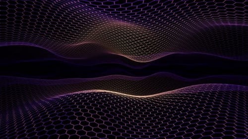 Abstract flowing hexagonal grid with glowing purple and golden lines forming layered wave surfaces