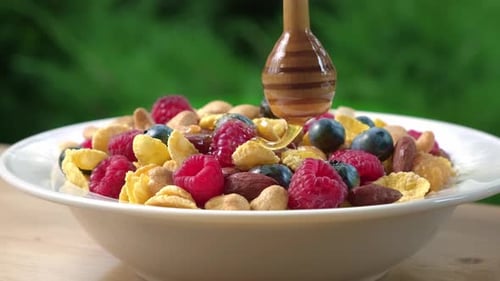 Dripping honey from wooden dripper in the healthy breakfast oats with raspberries, blueberries