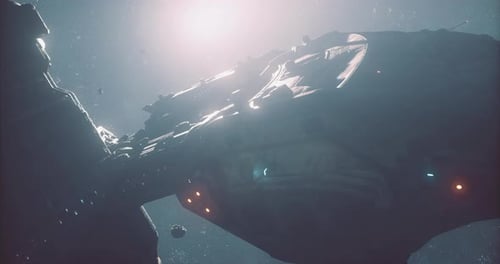 Massive Spacecraft Floating Through Deep Space with Distant Stars Illuminating