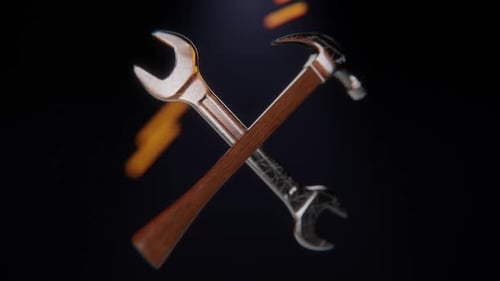 Hammer swinging down ready to strike in dark construction site scene