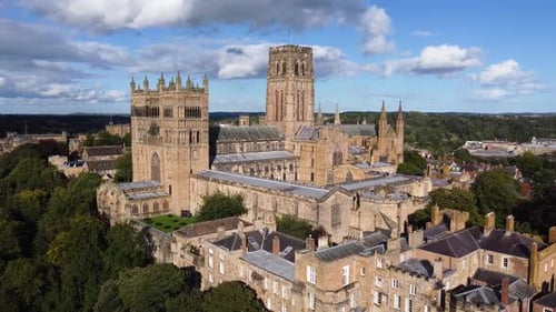 Durham Cathedral in County Durham on Sunny Day - Aerial Drone 4k HD Footage Zoom In