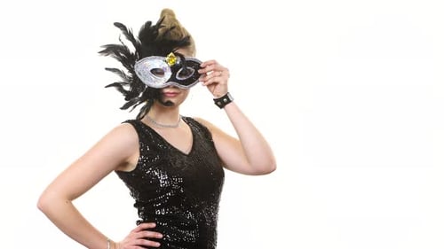 Woman Holding Feathered Carnival Mask on White Background