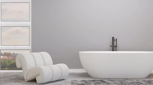 Beautiful, light and modern bathroom. White and gray color. Bathtub, washbasin. Home or hotel