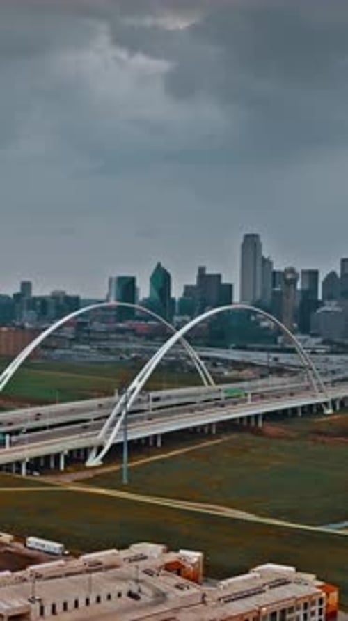 Aerial view of Dallas with modern bridge and urban skyline