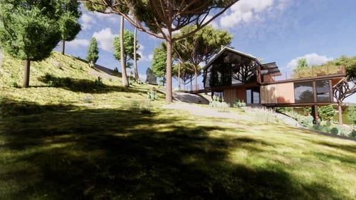 Dynamic Camera Pan Revealing Modern House in Lush Landscape