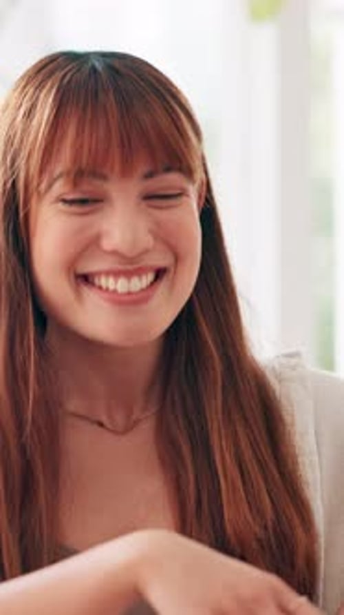Woman, talking and happy at coffee shop with friends, laugh and funny memory for reunion