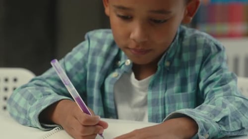 Young Boy Diligently Writing in Notebook at School