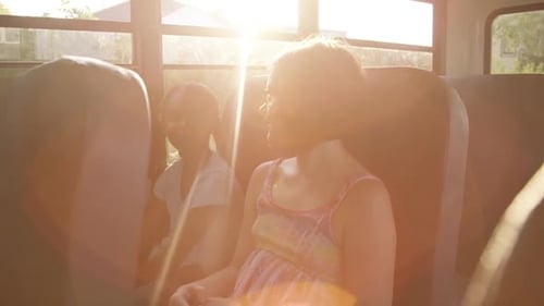 kids on the school bus - First day of school friends and lens flare