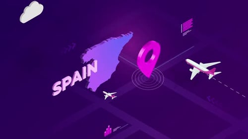 Animated Isometric Travel Map with Destination Pin and Airplanes
