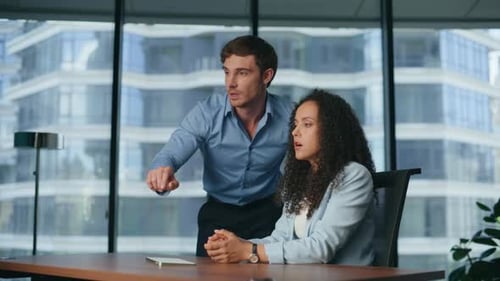 Serious business partners discuss project on augmented reality metaverse device