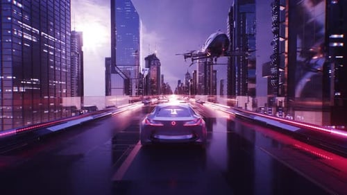Futuristic City With Riding Car And Flying Drone Taxi Cinematic Background