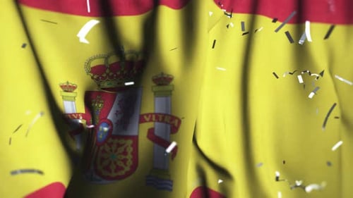 Waving Spanish Flag with Realistic Confetti
