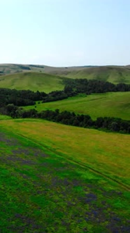 Aerial View of Green Summer Hills and Blue Sky Media
