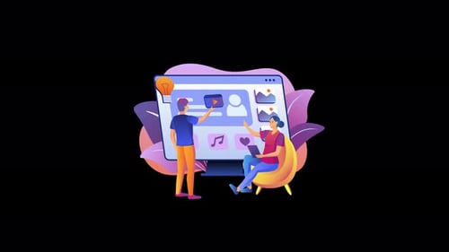 Two people discussing digital content creation