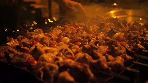 Cook Roasts Saftiges Kebab-Barbecue mit knusprig gegrilltem Slowmotion