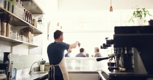 Coffee shop, arms crossed or happy barista man, waiter or server smile for cafe