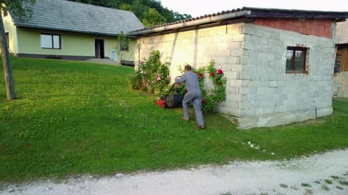 Homem irreconhecível cortando a grama ao redor de uma pequena garagem com rosas vermelhas ao lado. Vista aérea de 4k
.